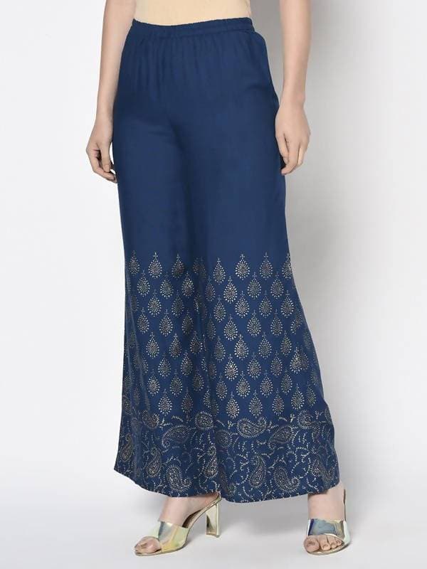 Aniyah Rayon Blue Color Gold Print Flared Slip-On Palazzo (AN-209K) | Grab2Buy