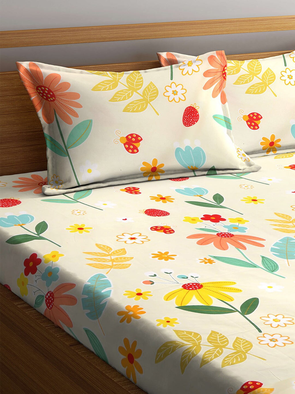 KLOTTHE White & Yellow Printed 300 TC Double King Fitted Bedsheet With 2 Pillow Covers | Grab2Buy