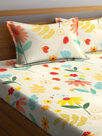 KLOTTHE White & Yellow Printed 300 TC Double King Fitted Bedsheet With 2 Pillow Covers | Grab2Buy