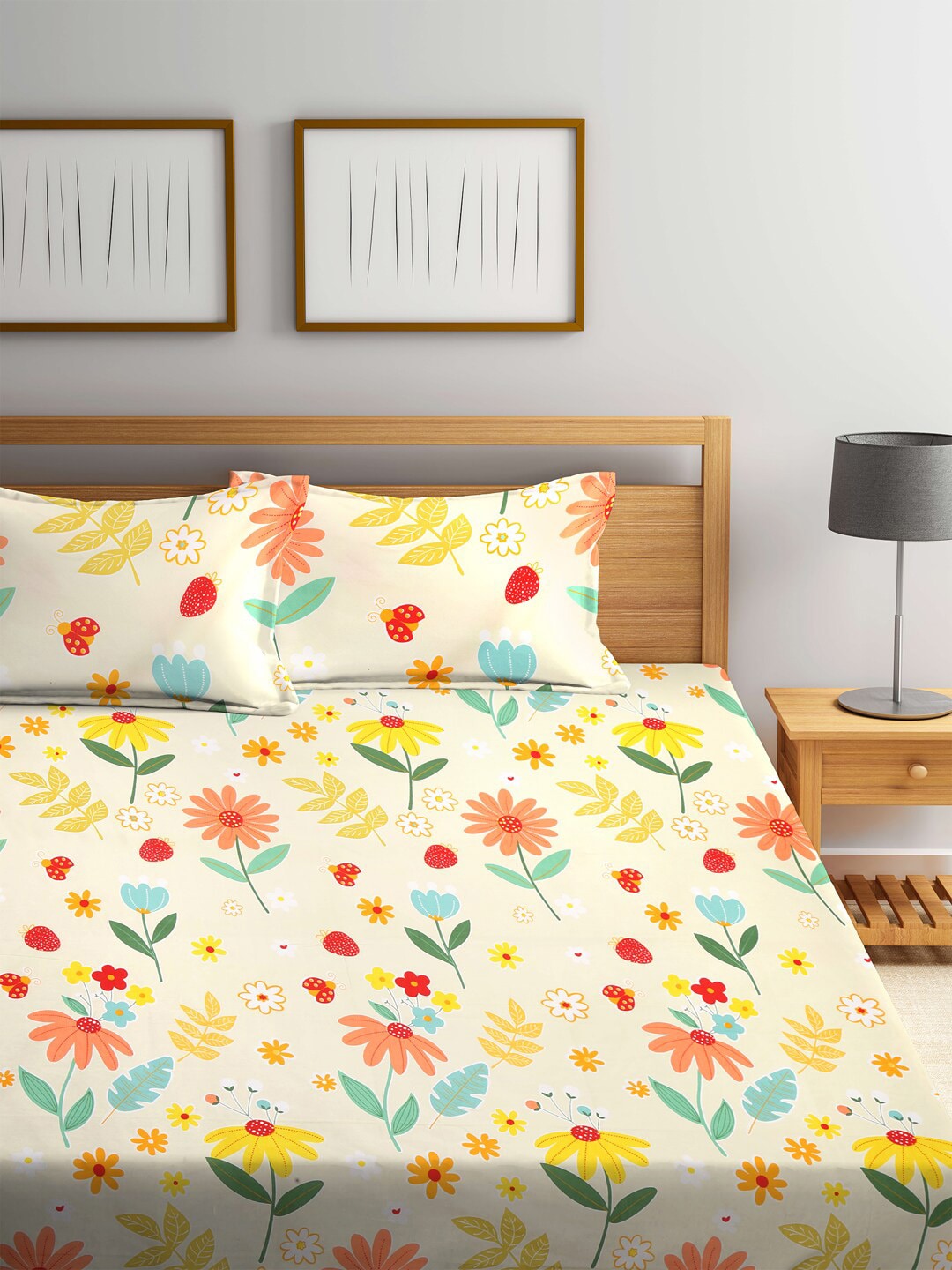 KLOTTHE White & Yellow Printed 300 TC Double King Fitted Bedsheet With 2 Pillow Covers | Grab2Buy