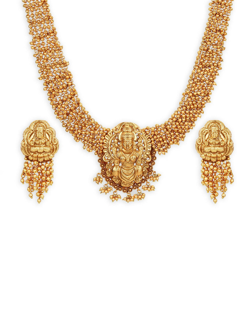 Gold-Polished Pearls Beaded Temple Jewellery Set - Ruby Raang | Grab2Buy