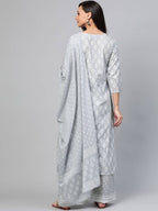 Yufta Grey and White Printed Kurta With Palazzo and Dupatta Set | Grab2Buy
