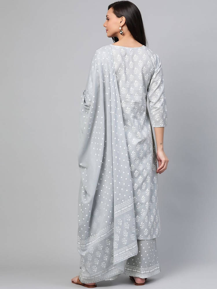 Yufta Grey and White Printed Kurta With Palazzo and Dupatta Set | Grab2Buy