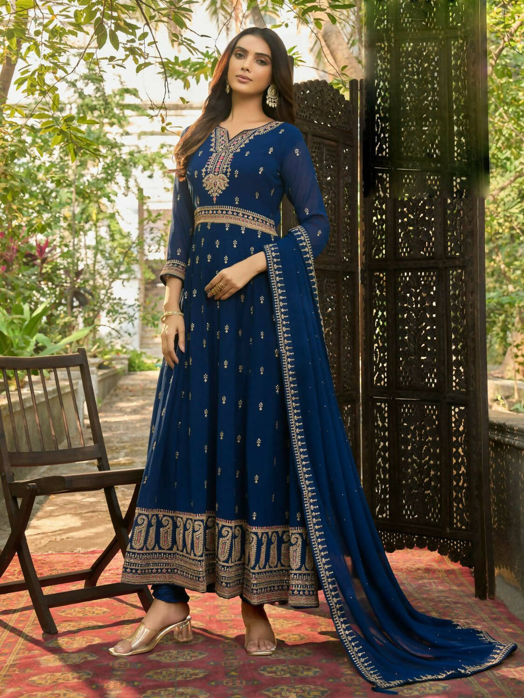 Blue Heavy Faux Georgette Anarkali Embroidered Kurta Set - Dhvani | Grab2Buy