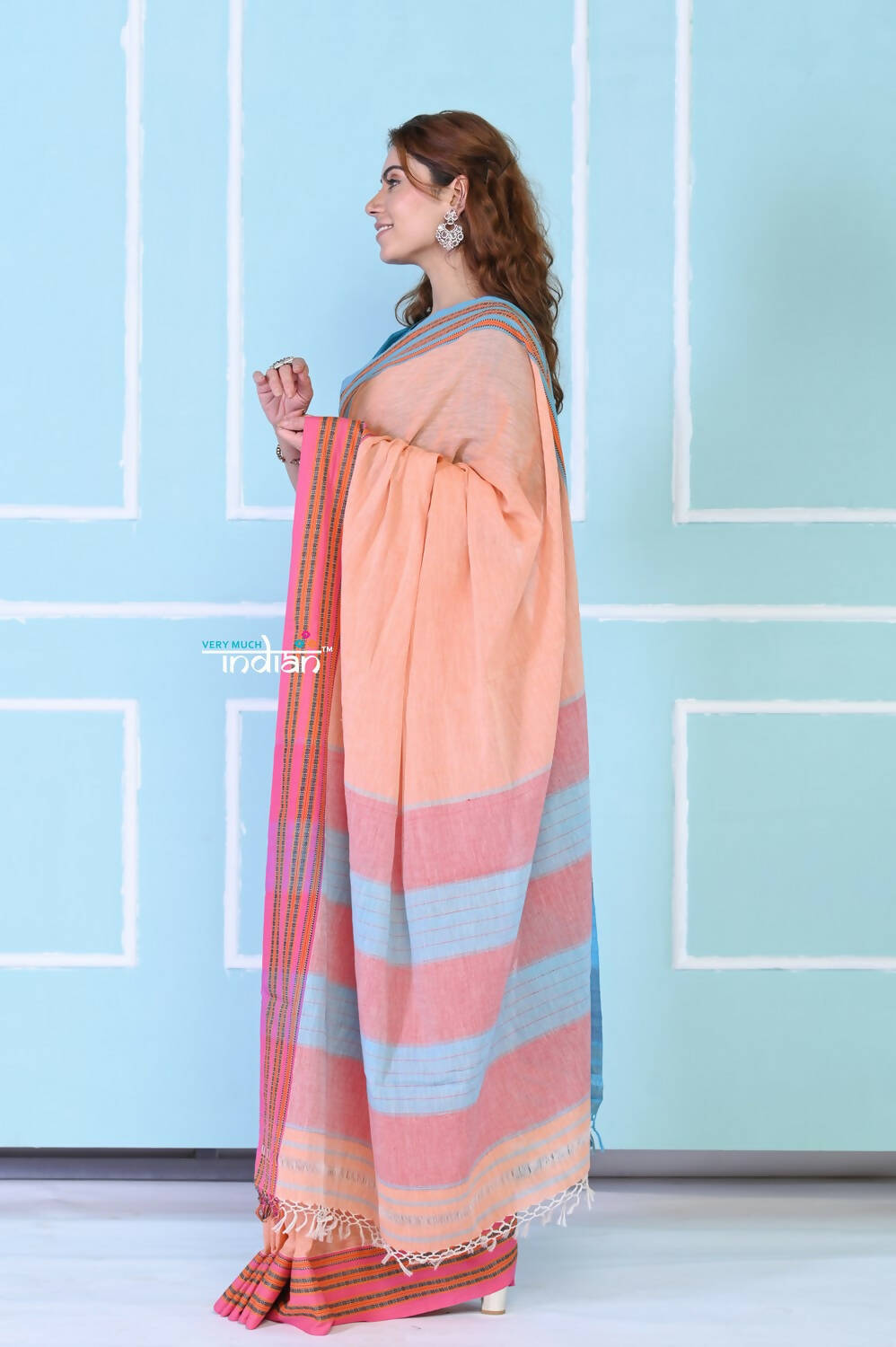 Very Much Indian Traditional Patteda Anchu Ilkal Handloom Saree - Peach Tone | Grab2Buy