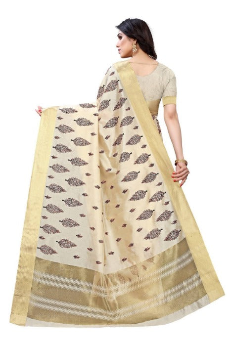 Vamika Cotton Polyester Silk Weaving Cream Saree (KERALA CRISMISTMAS) | Grab2Buy