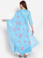 Myshka Women's Blue Printed Cotton Blend 3/4 Sleeve Square Neck Casual Anarkali Kurta Dupatta Set | Grab2Buy