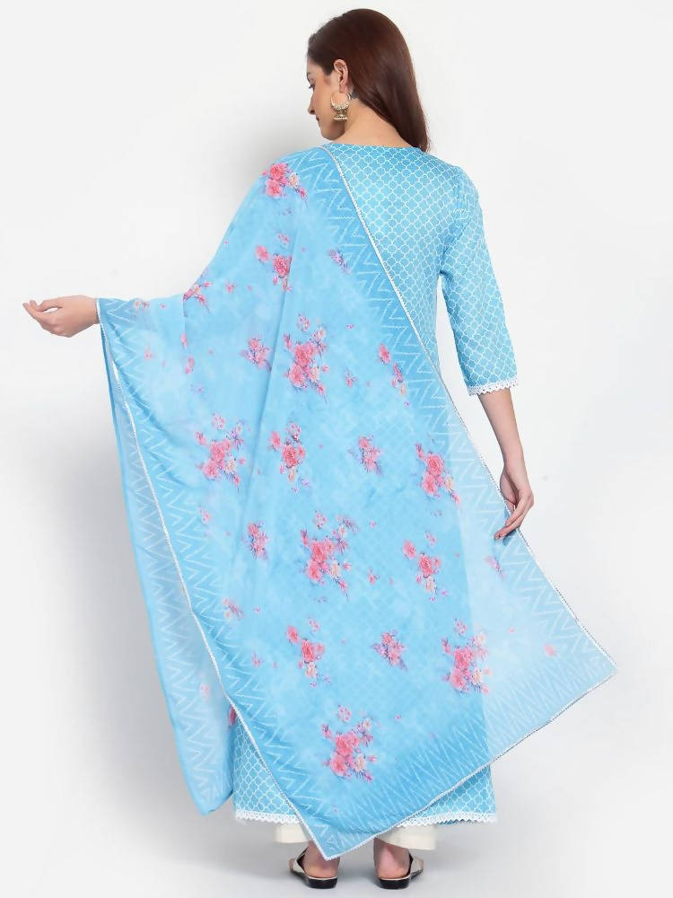 Myshka Women's Blue Printed Cotton Blend 3/4 Sleeve Square Neck Casual Anarkali Kurta Dupatta Set | Grab2Buy