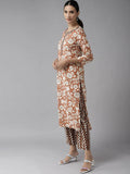 Yufta Brown & Off White Floral Print Kurta with Trousers and Dupatta Set | Grab2Buy