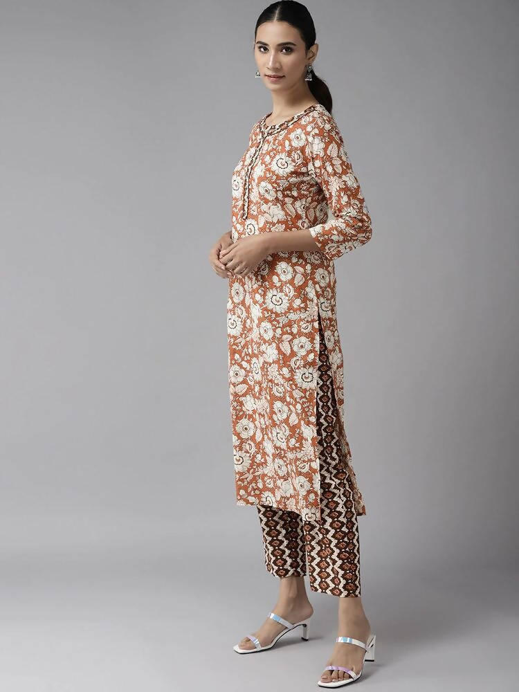 Yufta Brown & Off White Floral Print Kurta with Trousers and Dupatta Set | Grab2Buy