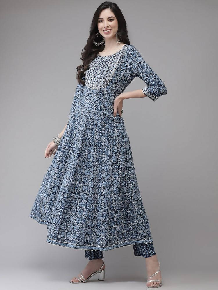 Yufta Women Blue Floral Yoke Design Angrakha Pure Cotton Kurta with Trouser With Dupatta | Grab2Buy
