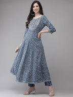 Yufta Women Blue Floral Yoke Design Angrakha Pure Cotton Kurta with Trouser With Dupatta | Grab2Buy