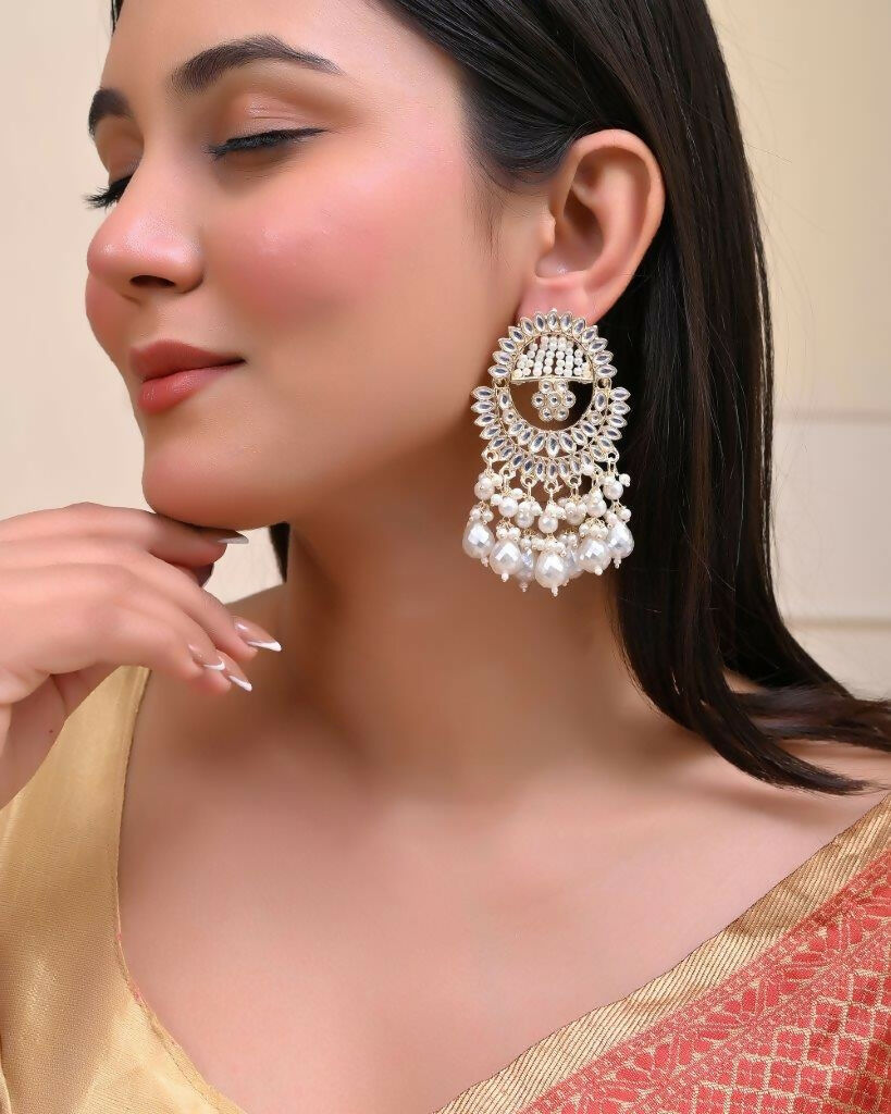 VOJ Gold-Polished Pearl Studded Chandbali Earrings | Grab2Buy