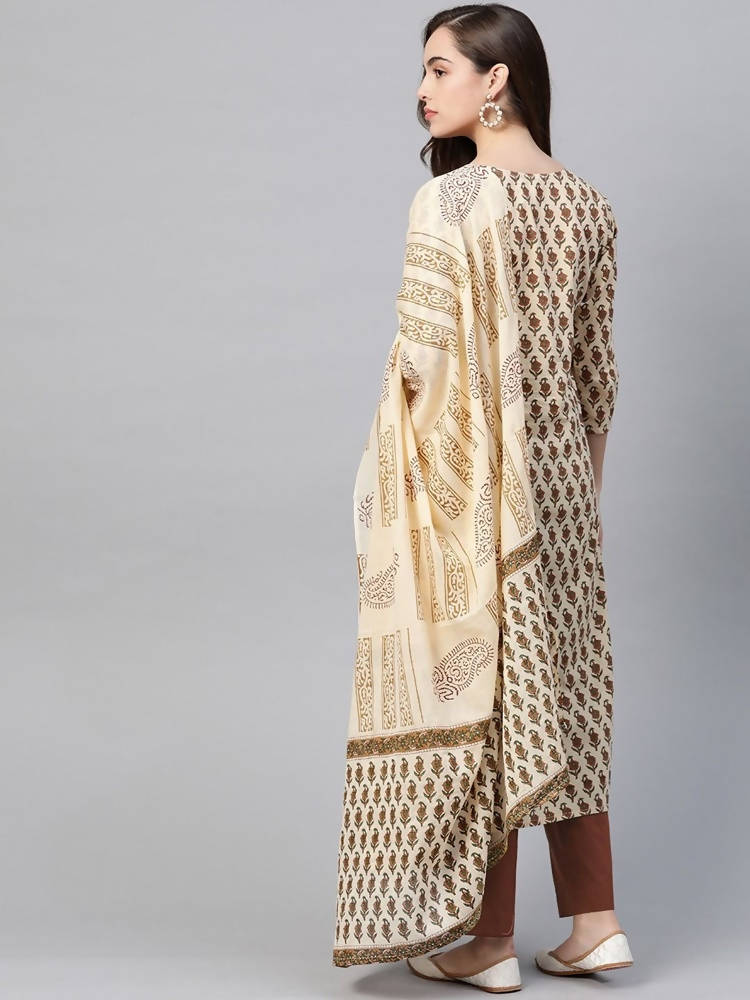 Yufta Women Beige Ethnic Motifs Printed Pure Cotton Kurta with Trouser & Dupatta | Grab2Buy