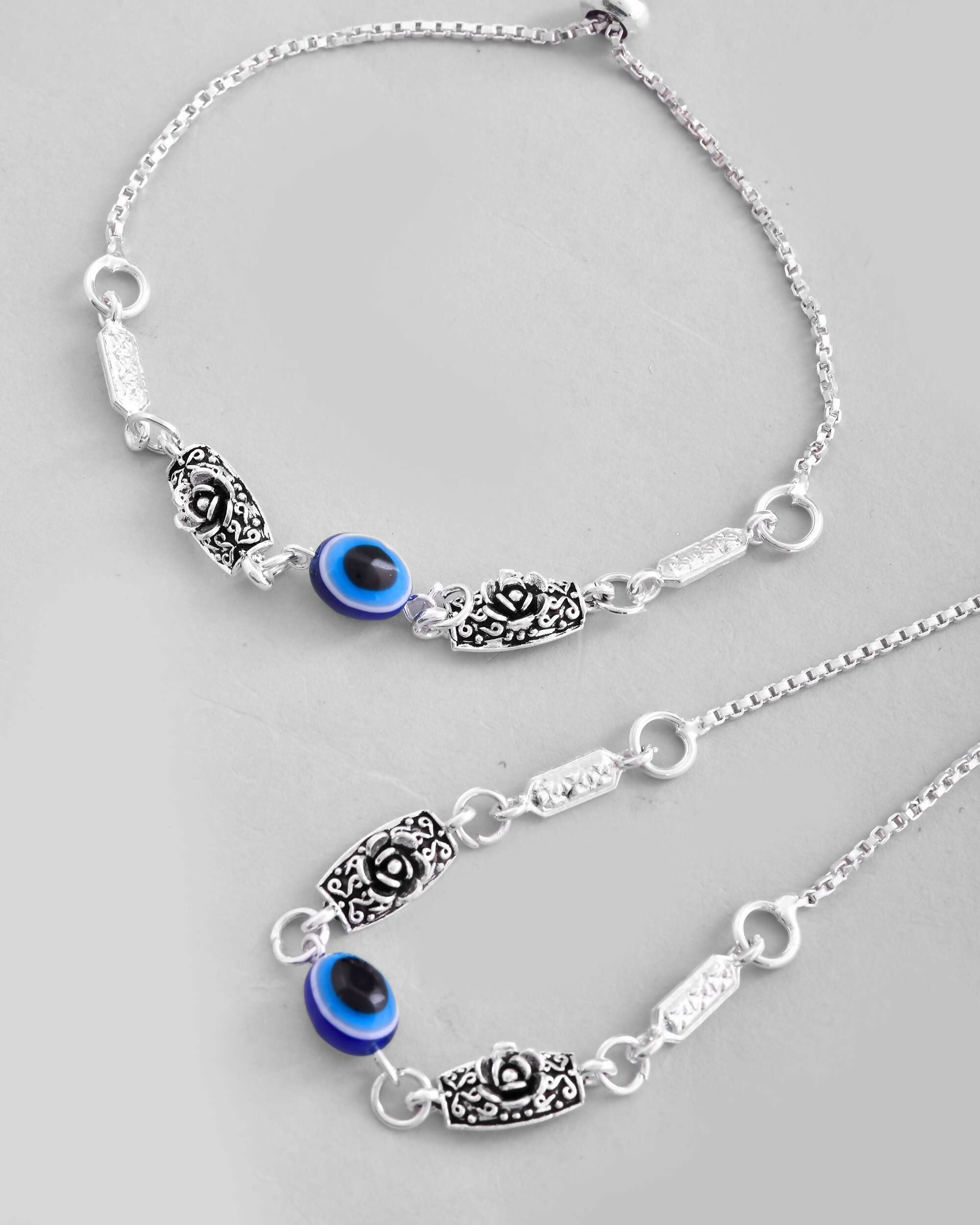 VOJ Set of 2 Silver Plated Flower And Evil Eye HandCrafted Anklet | Grab2Buy