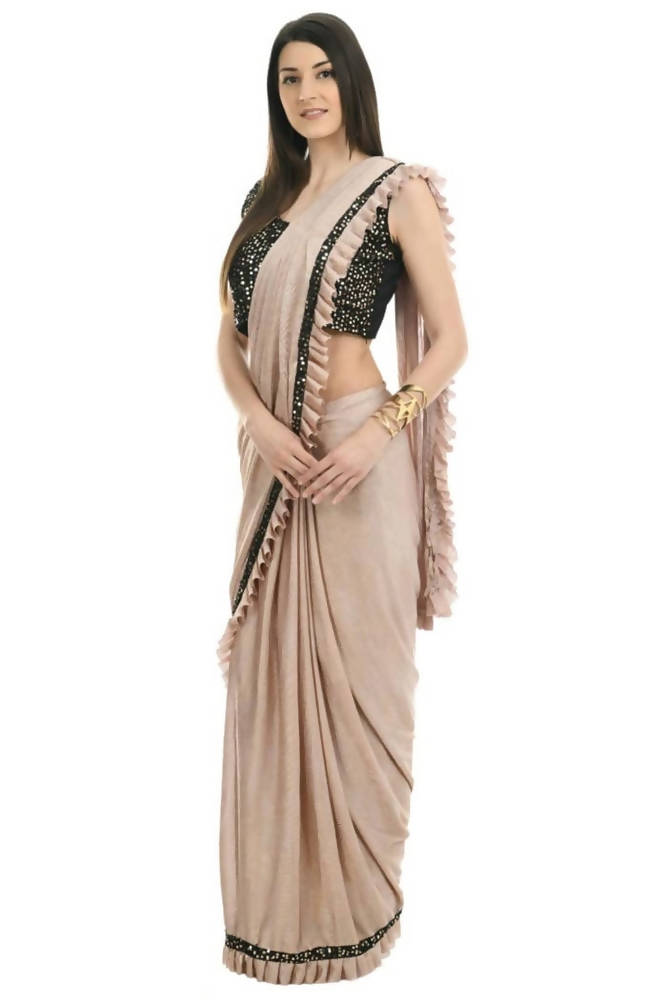 Mominos Fashion All Season Wear Beige And Black Colour Ruffled Ready To Wear Saree | Grab2Buy