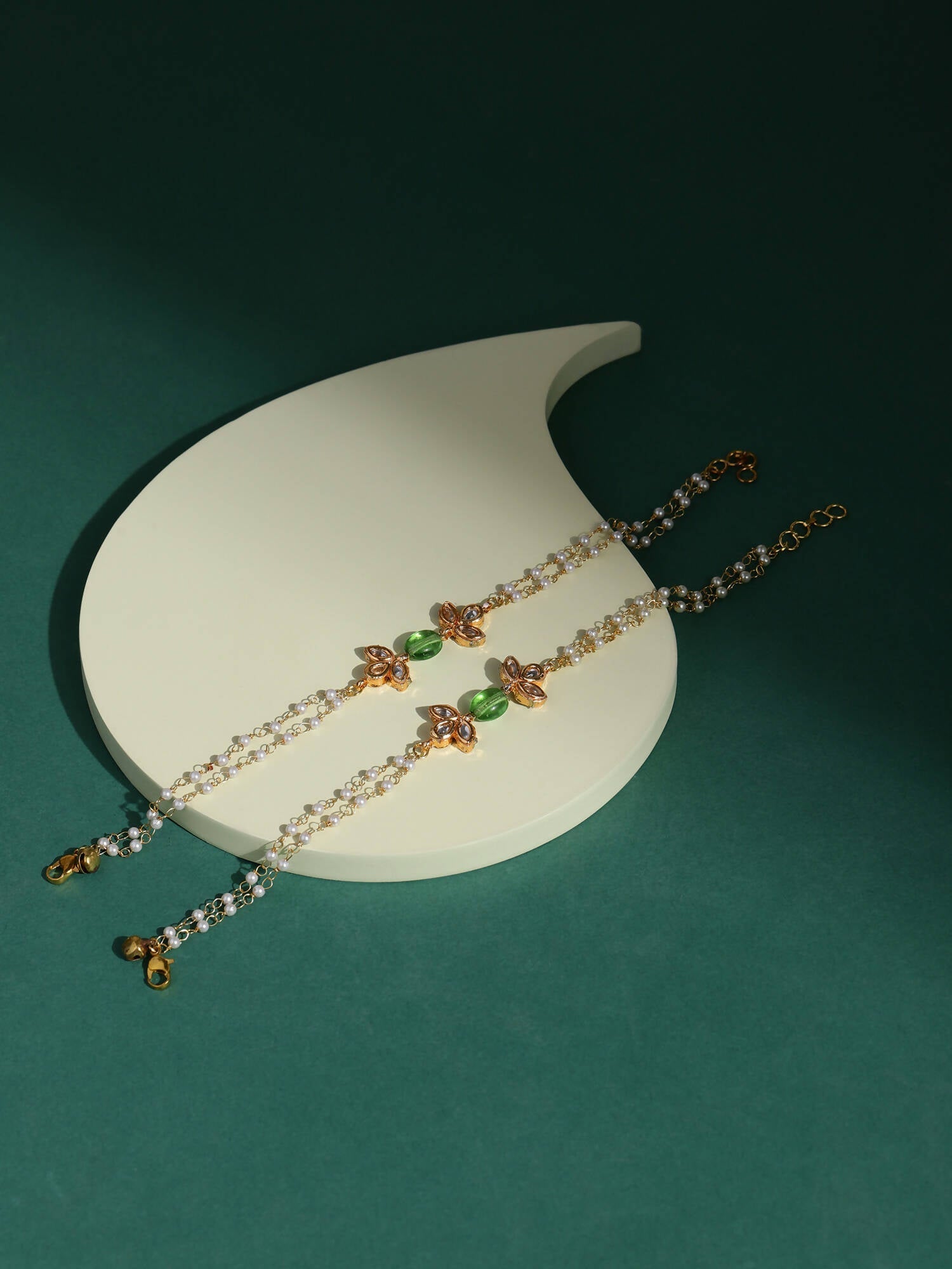 Gold-Polished Green White Kundan Beads Anklet Set Of 2 - Ruby Raang | Grab2Buy