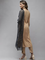 Yufta Women Beige & Charcoal Grey Ethnic Motifs Embroidered Kurta with Trouser & Dupatta | Grab2Buy
