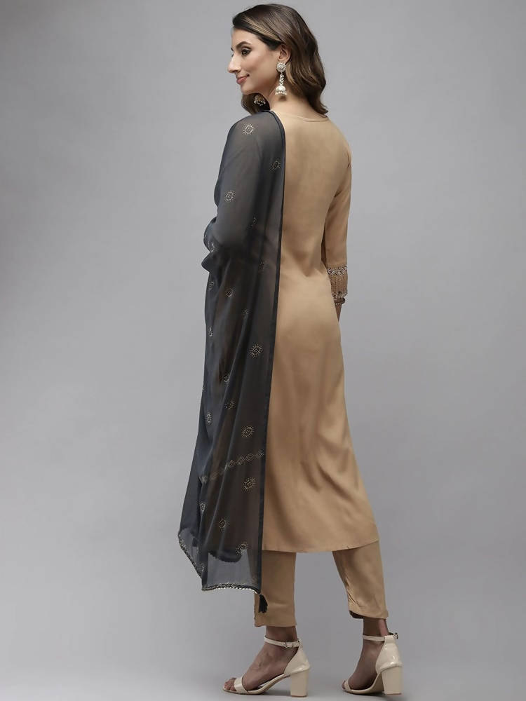 Yufta Women Beige & Charcoal Grey Ethnic Motifs Embroidered Kurta with Trouser & Dupatta | Grab2Buy