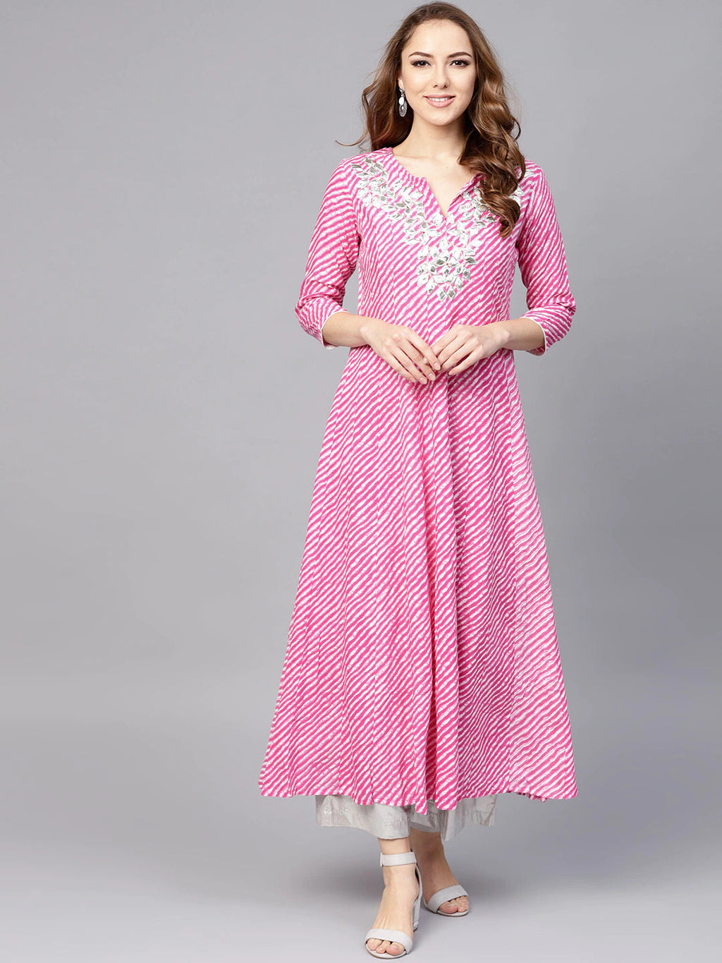 Yufta Women Pink & White Lehariya Print Anarkali Kurta | Grab2Buy