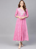 Yufta Women Pink & White Lehariya Print Anarkali Kurta | Grab2Buy