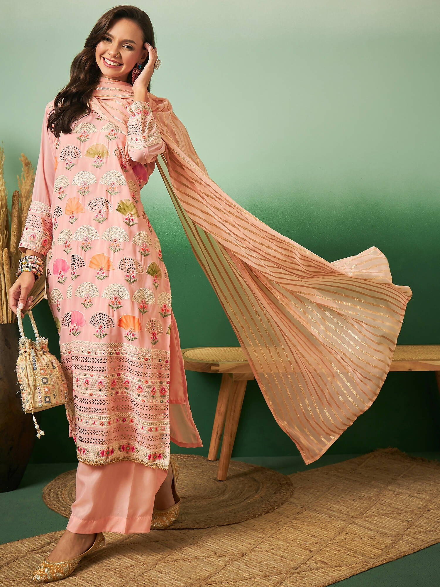 Peach Georgette Handwork Unstitched Dress Material - Hanika | Grab2Buy