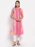 Myshka Women's Pink Cotton Printed 3/4 Sleeve Round Neck Casual Kurta | Grab2Buy