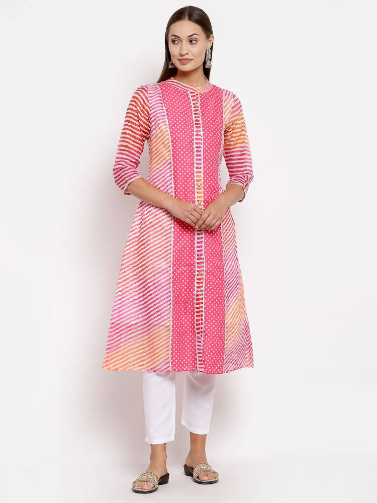 Myshka Women's Pink Cotton Printed 3/4 Sleeve Round Neck Casual Kurta | Grab2Buy
