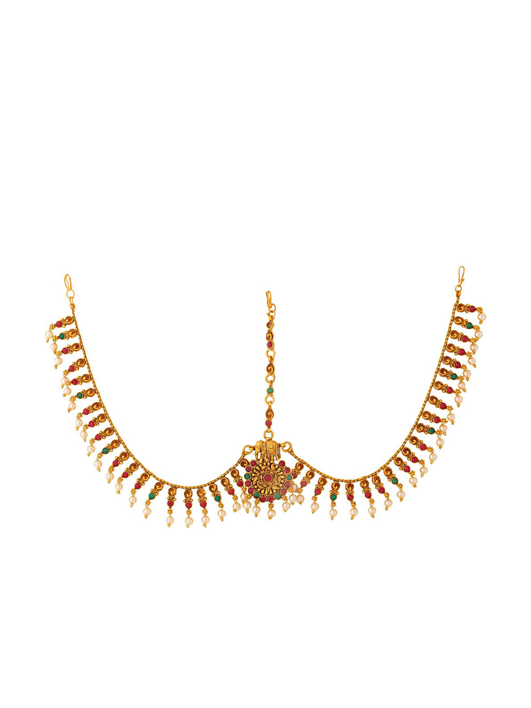 Yellow Chimes Women Gold-Polished,Maroon,Green White Pearl Hanging Bridal Mathapatti | Grab2Buy