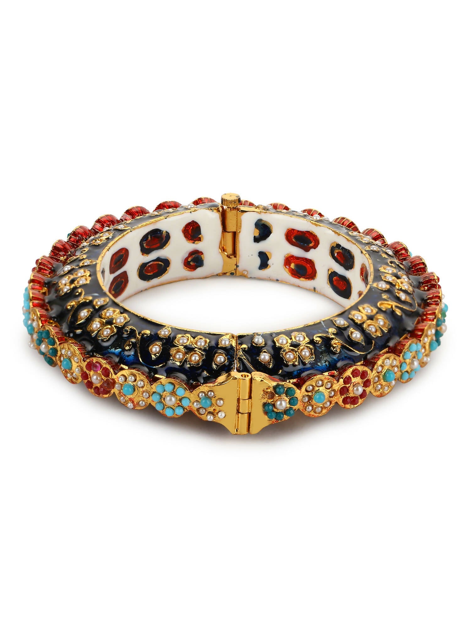 Gold-Polished Blue White Kundan Studded Pearls Beaded Bangle - Ruby Raang | Grab2Buy