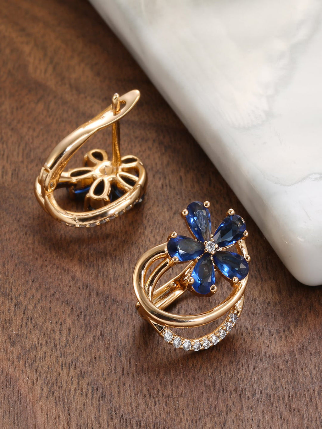 Shining Diva Rose Gold-Polished Blue Floral Studs Earrings | Grab2Buy