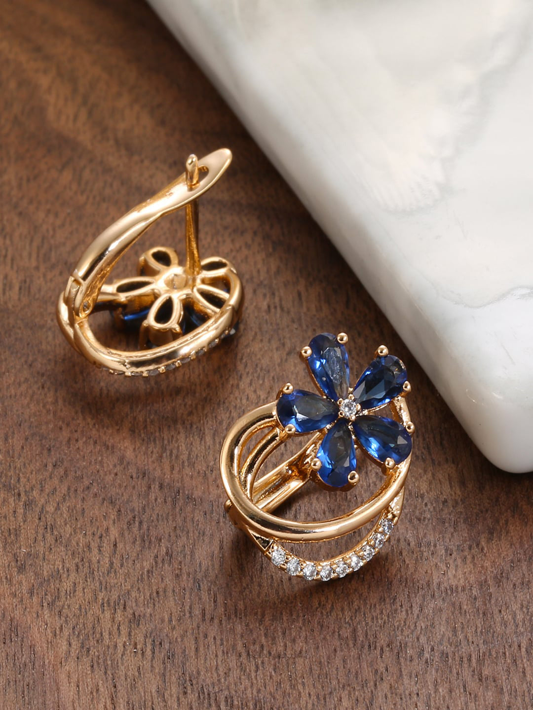 Shining Diva Rose Gold-Polished Blue Floral Studs Earrings | Grab2Buy
