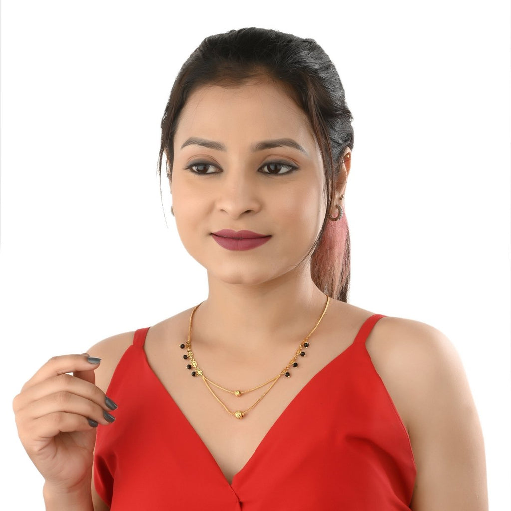 AanyaCentric Gold-Polished Jewelry Combo: Elegant Short Mangalsutra, Finger Ring, and American Diamond Earrings Set | Grab2Buy