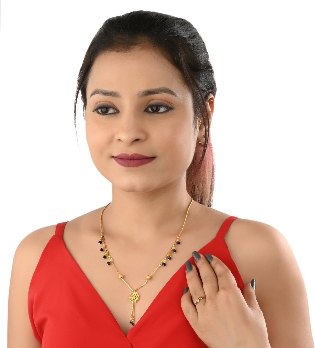 AanyaCentric Gold-Polished Jewelry Combo: Elegant Short Mangalsutra, Finger Ring, and American Diamond Earrings Set | Grab2Buy