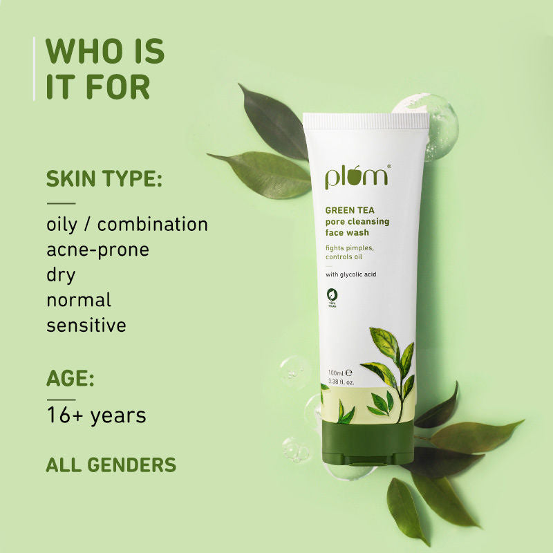 Plum Green Tea Pore Cleansing Face Wash With Glycolic Acid - Fights Acne & Oil For Clear Skin