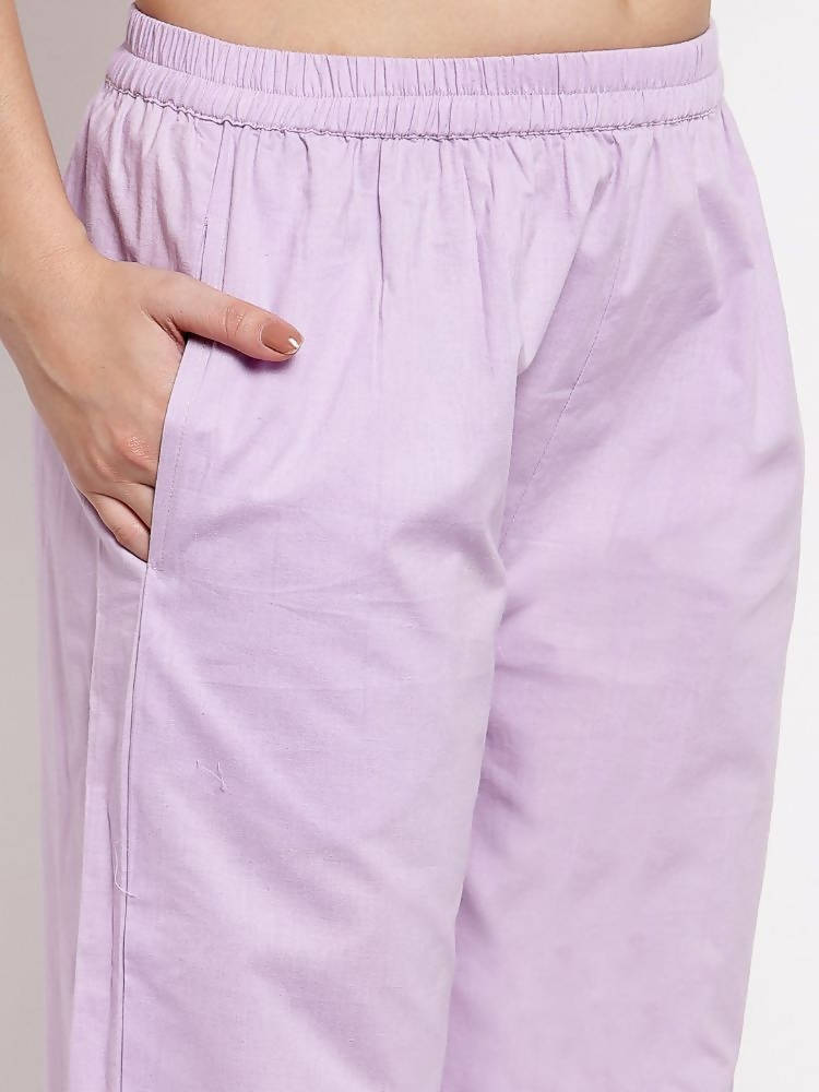 Myshka Women's Light Purple Cotton Solid 3/4 Sleeve Round Neck Casual Kurta Pant Dupatta Set | Grab2Buy