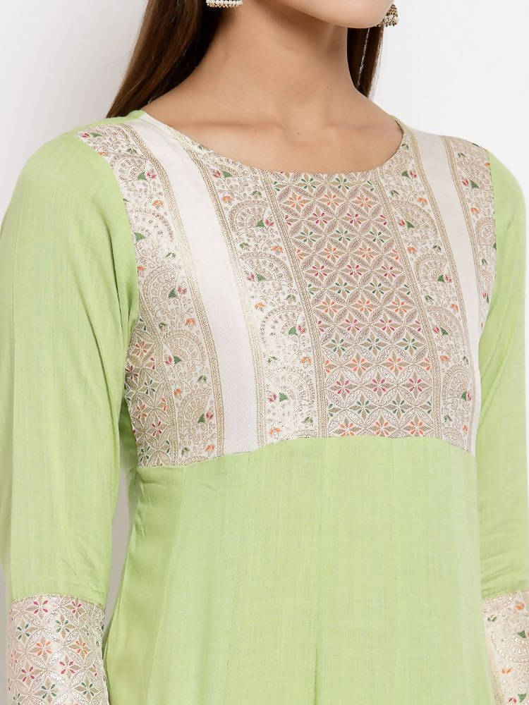 Myshka Women's Green Royan Printed 3/4 Sleeve Round Neck Casual Anarkali Kurta Dupatta Set | Grab2Buy