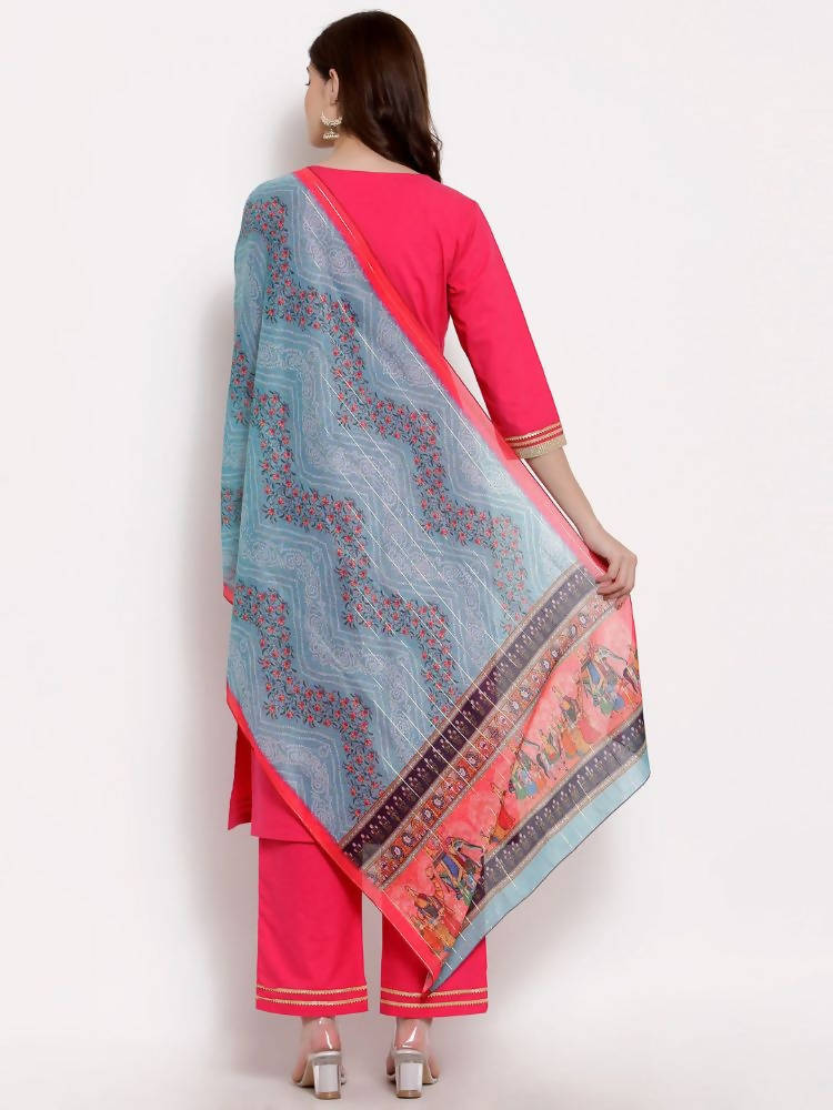 Myshka Women's Pink Cotton 3/4 Sleeve Round Neck Solid Casual Kurta Pant Dupatta Set | Grab2Buy