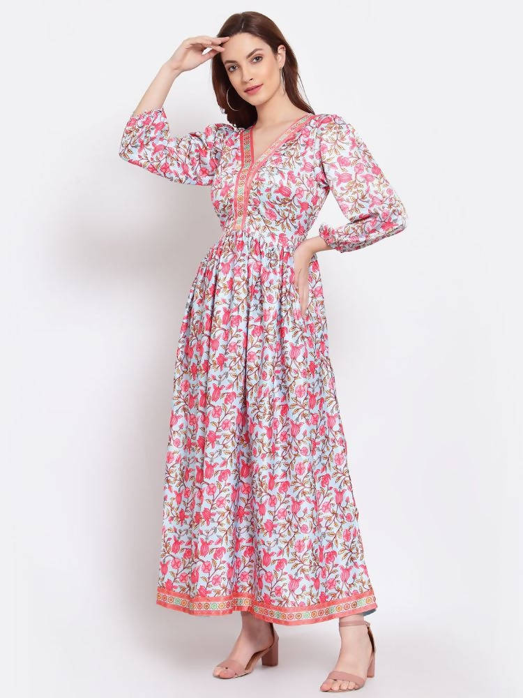 Myshka Women's Multi Printed Cotton Blend 3/4 Sleeve V Neck Casual Dress | Grab2Buy