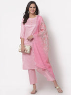 Myshka Women's Cotton 3/4 Sleeve Round Neck Casual Pink Kurta Pant Dupatta Set | Grab2Buy