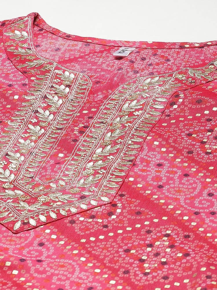 Yufta Women Pink Bandhani Printed Panelled Gotta Patti Kurta with Palazzo & With Dupatta | Grab2Buy
