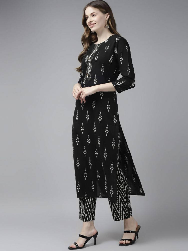 Yufta Women Black Ikat Printed Pure Cotton Kurta with Palazzo and Dupatta | Grab2Buy