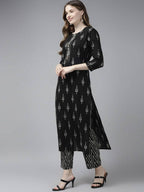 Yufta Women Black Ikat Printed Pure Cotton Kurta with Palazzo and Dupatta | Grab2Buy