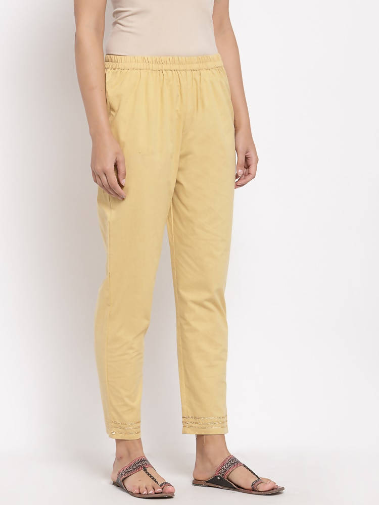 Myshka Women's Cream Cotton Solid Casual Trouser | Grab2Buy