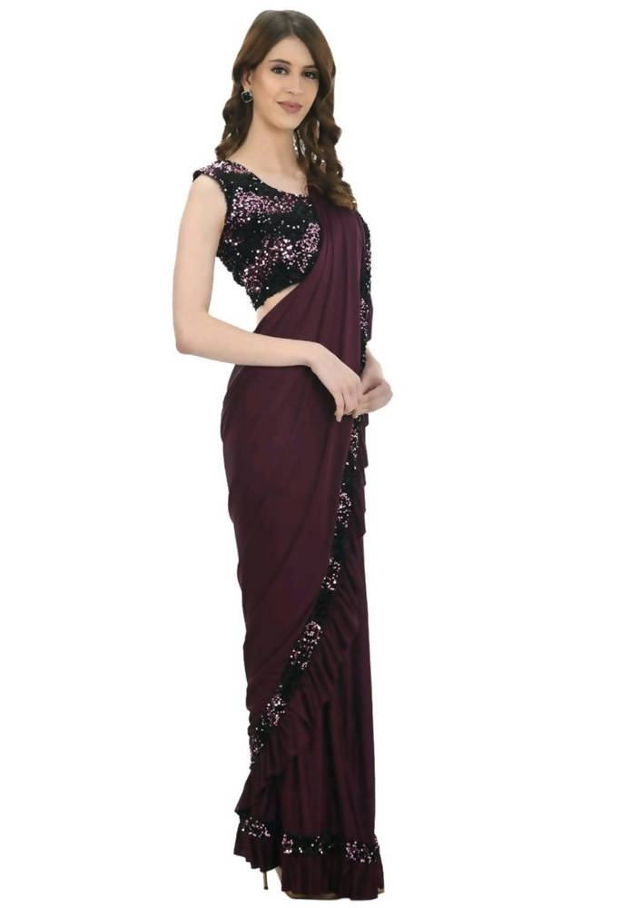 Mominos Fashion All Season Wear Wine And Black Colour Ruffled Ready To Wear Saree | Grab2Buy