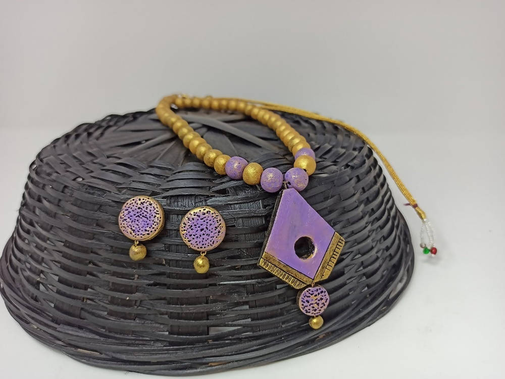 Terracotta Diamond Pendant Long Necklace Set With Studs-Lavender | Grab2Buy