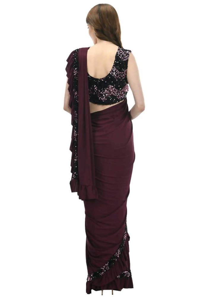 Mominos Fashion All Season Wear Wine And Black Colour Ruffled Ready To Wear Saree | Grab2Buy