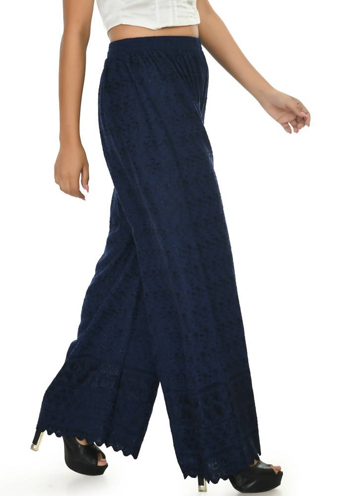 Mominos Fashion Moeza Reyon Cotton Navy Blue Chikan Work Palazzo | Grab2Buy