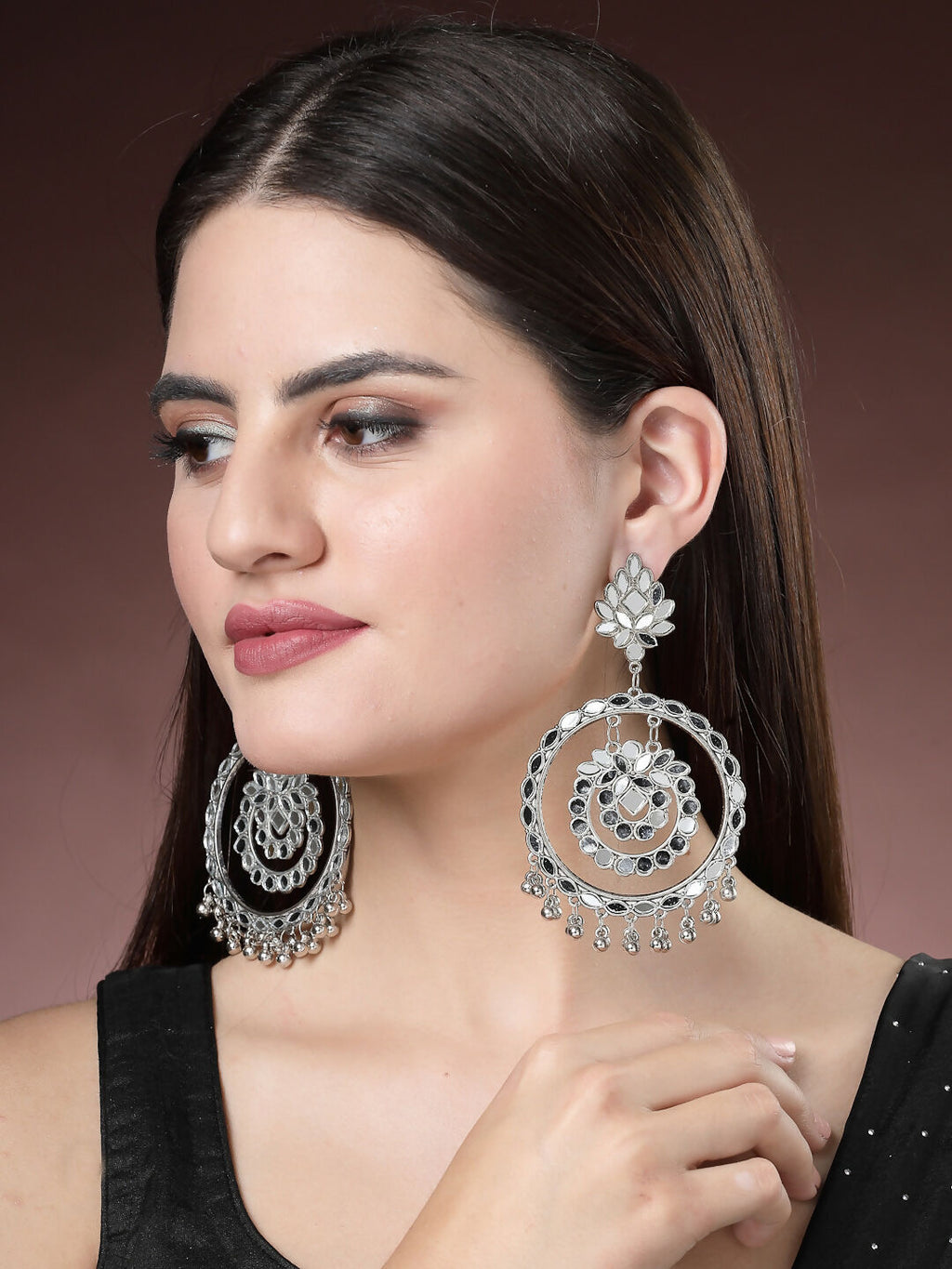 NVR Women's Silver-Toned Mirror Work Oxidised Contemporary Drop Earrings | Grab2Buy
