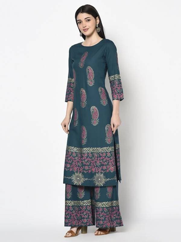 Aniyah Rayon Teal Blue Color Block Print Straight Kurta (AN-224K) | Grab2Buy